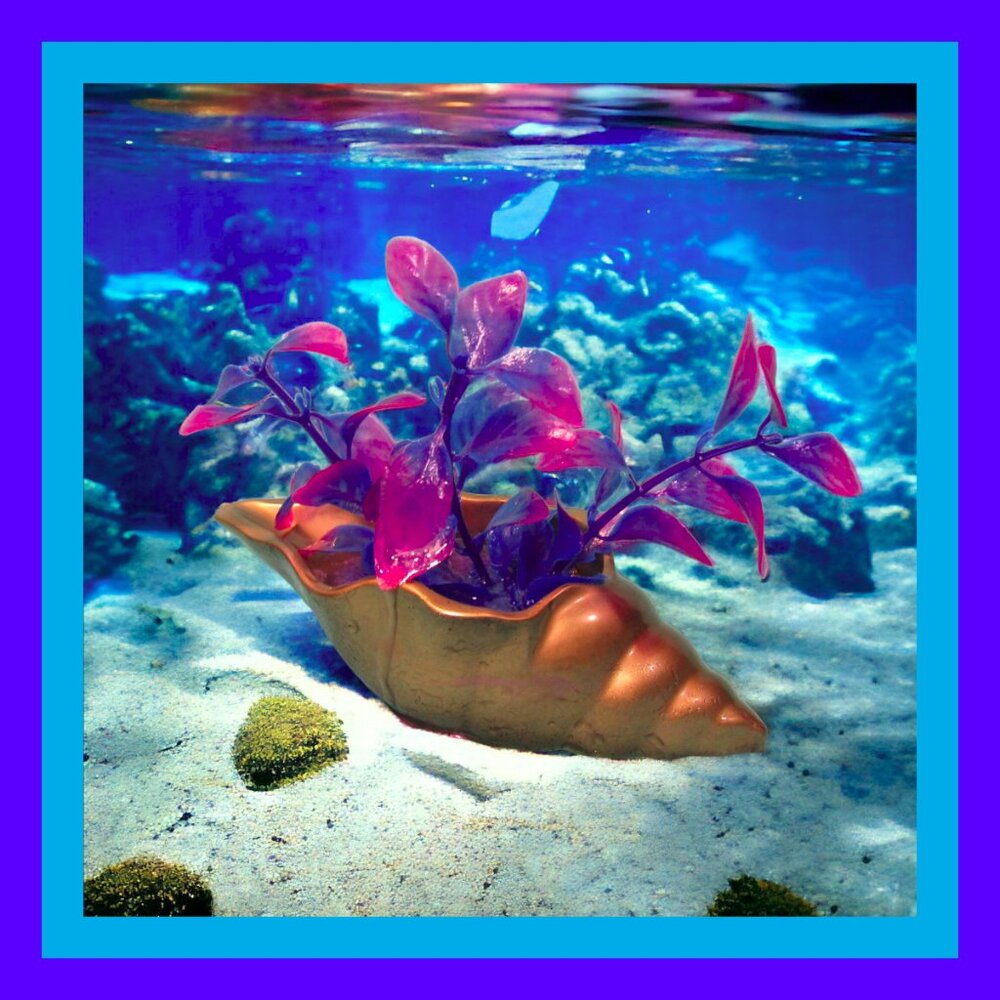 Aquarium Decoration - Gold Long Shell with Pink and Blue Plant.